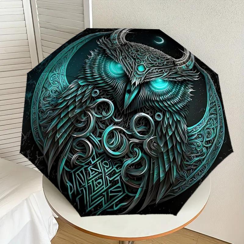 1 Stück Mondlicht Mystischer Eule Automatischer Faltregenschirm - Kompaktes 8-Rippen-Design, Langlebiger Kunststoff & Eisen, Leicht für den Täglichen Gebrauch im Freien, Festliches Geschenk084