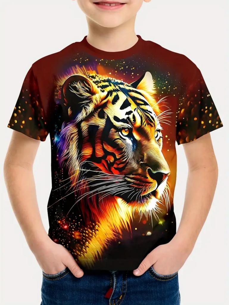 Cool Wolf Boy T-Shirt Tiger 3D Print Kids Short Sleeves Casual Comfortable Boys' Top Tees Outdoor Breathable Lightweight Clothes