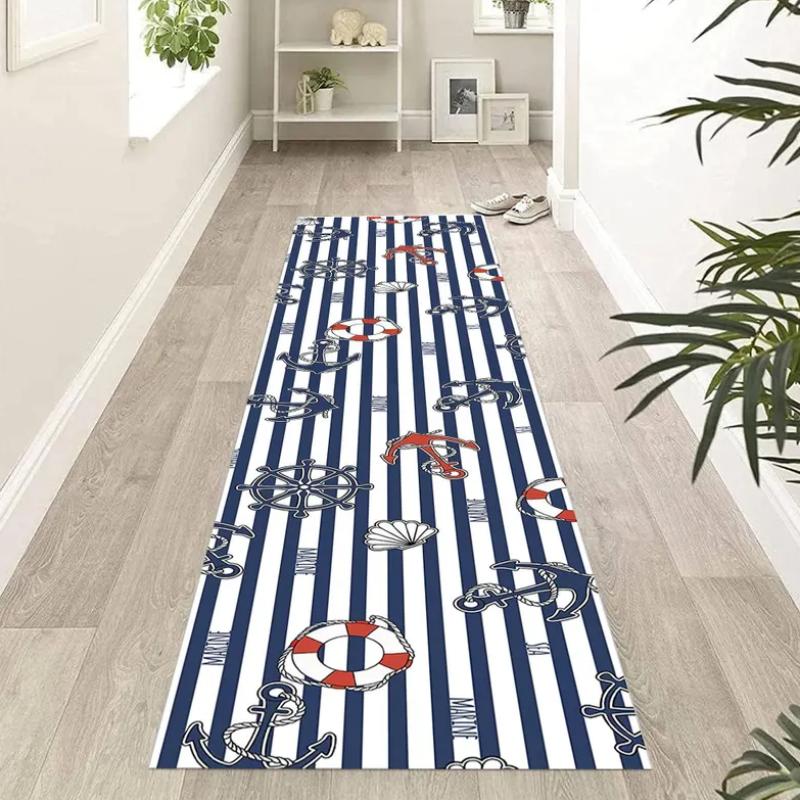 Alfombra Runner de Onda Náutica Ancla Azul Marino Estampado Marino Blanco Alfombra Antideslizante Estilo Costero Entrada Pasillo Dormitorio Decoración del Hogar Alfombra
