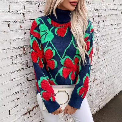 Dreidimensionales Flockblumenmuster Europäischer und amerikanischer Pullover Damen Herbst und Winter neuer Revers-Pullover-Top