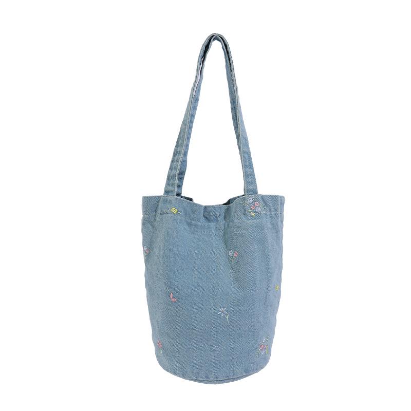Korean Canvas Embroidered Denim Bucket Bag - Summer 2026 Women's Casual Handbag