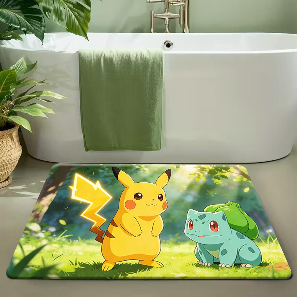 Cute Eevee with Leaves and Flowers in Sunlit Forest Print Non-slip Doormat, Soft Absorbent Floor Rug for Home Decor