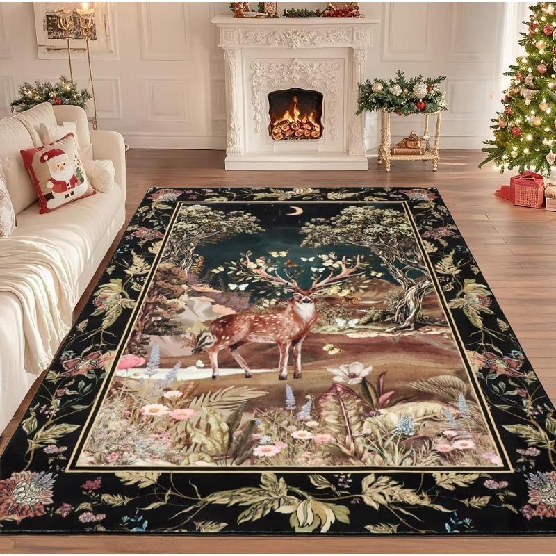 Vintage Animal Floral Pattern Living Room Carpet Foldable Machine Washable Rug Suitable for Sofa Coffee Table  Bedroom Floor Mat