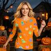 Women's Casual Three Quarter Sleeve Crew Neck Top Halloween Pattern Printed Lightweight Pullover Shirt for Everyday Wear