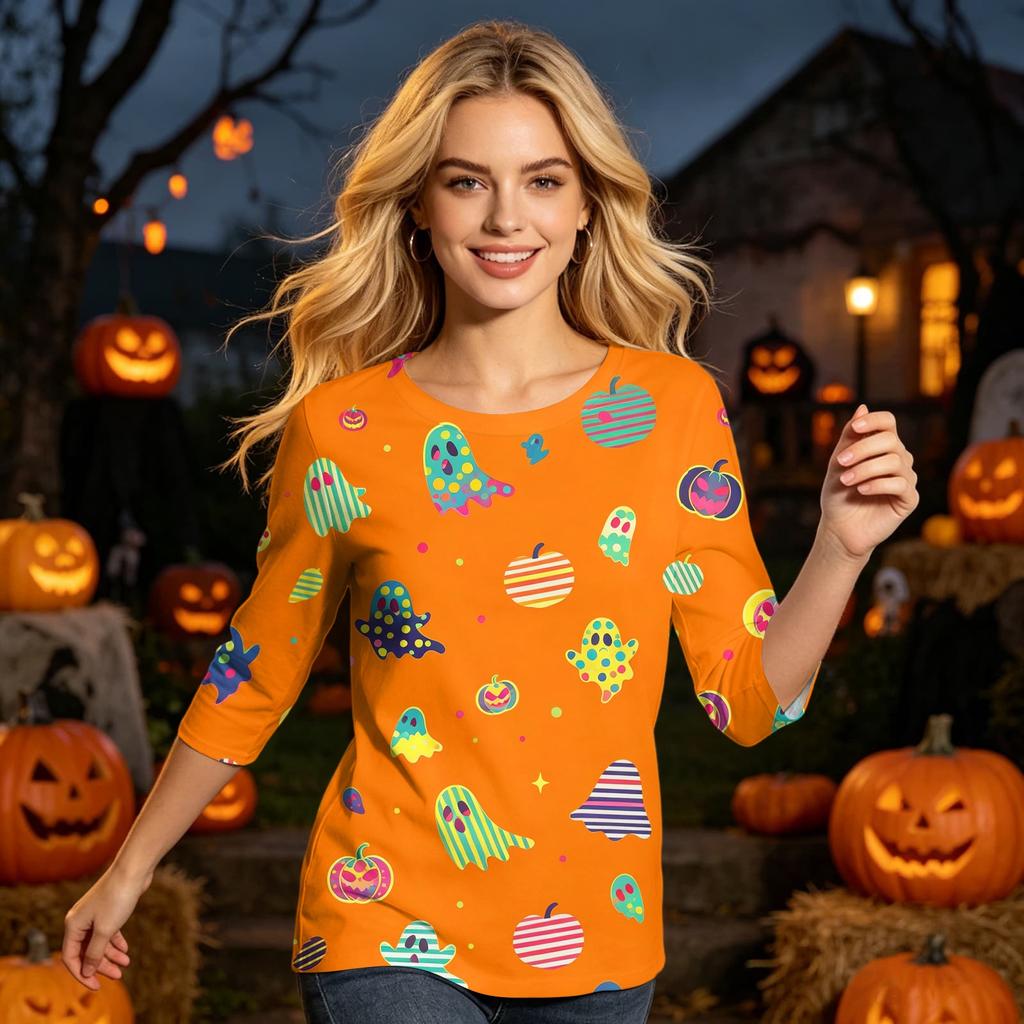 Women's Casual Three Quarter Sleeve Crew Neck Top Halloween Pattern Printed Lightweight Pullover Shirt for Everyday Wear