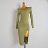 Export European and American Sexy Sexy Fashion Square Collar Long Sleeves Knitting Dress Silm Slimming Midi Dress Women's Clothing