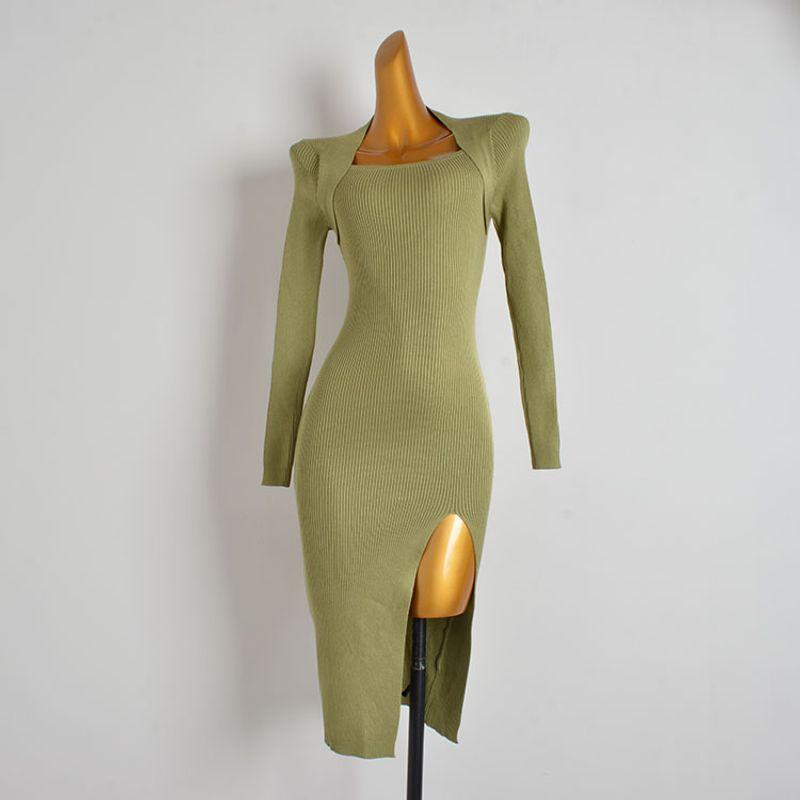 

Export European and American Sexy Sexy Fashion Square Collar Long Sleeves Knitting Dress Silm Slimming Midi Dress Women s Clothing Army Green All yards