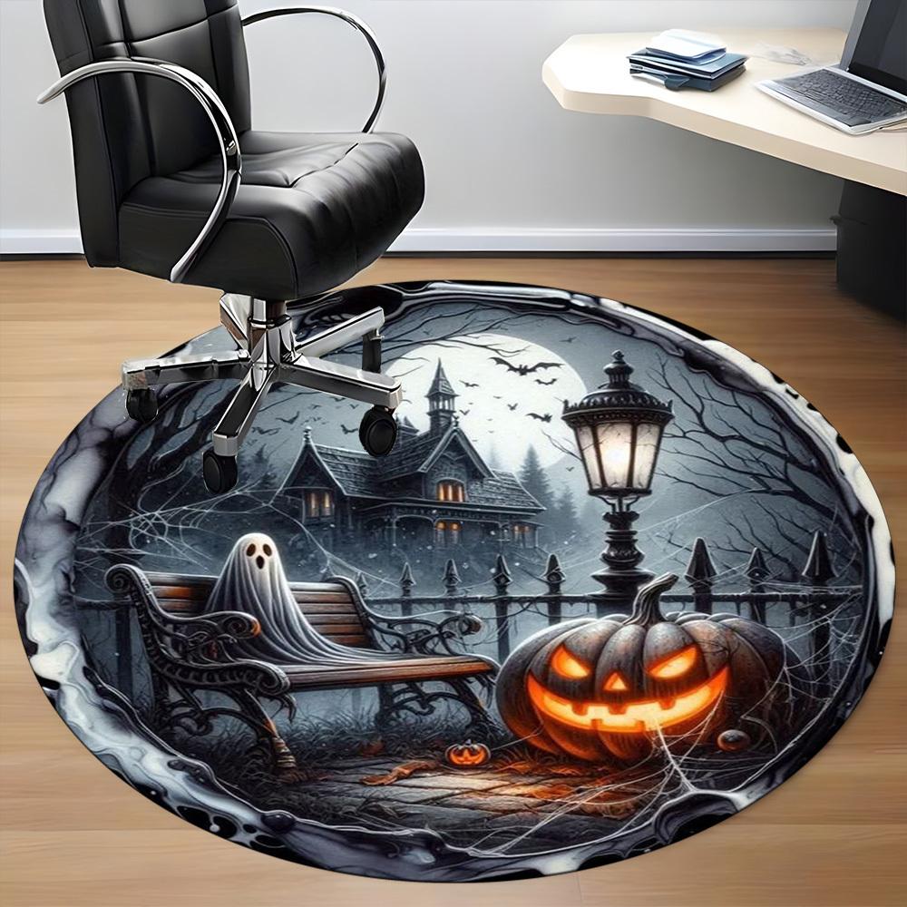 1pc Haunted House Scene Chair Carpet for Office, Round Polyester Mat, Indoor Decor for Office, Easycare Fabric, Washable Non-slip Area Carpet
