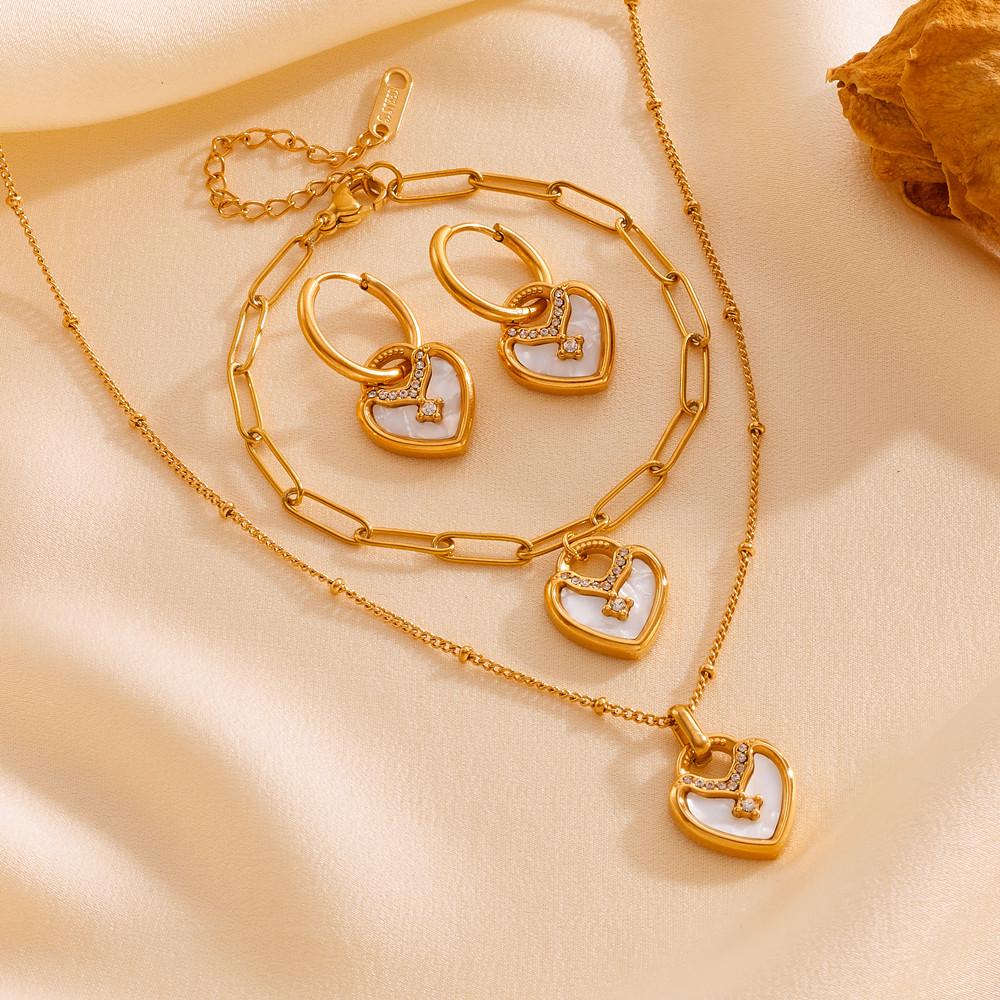 18K Gold & Stainless Steel Women's Retro Jewelry: Shell Heart Necklace, Bracelet & Earrings with Diamonds
