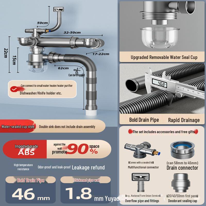 Anti-Clogging & Odor-Resistant Kitchen Sink Drain Pipe for Vegetable Washing Basin (Single/Double Bowl)