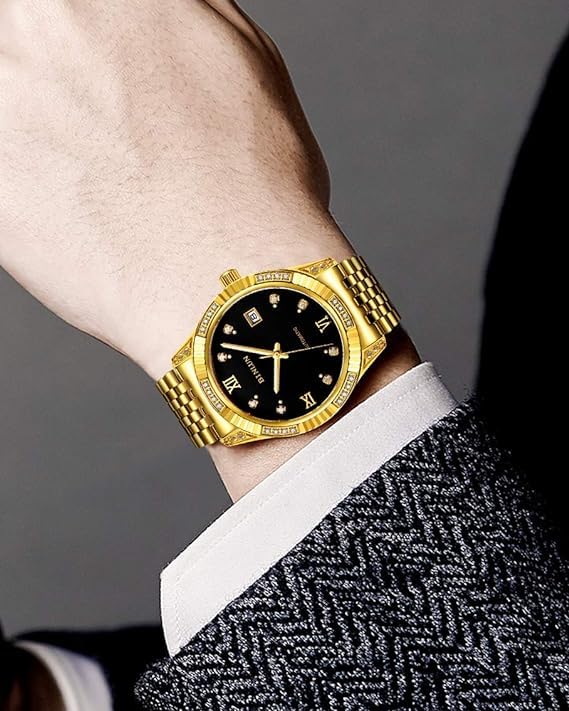 BINLUN Automatic Mechanical Watch with Manual Gold Date Luxury Sapphire Crystal Men's Winding, Diamonds, Display, Watch, Simple, Stylish, Elegant,
