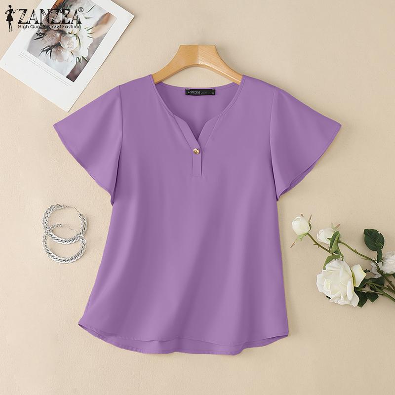 ZANZEA Women Casual V-Neck Loose Summer Short Sleeve Blouse