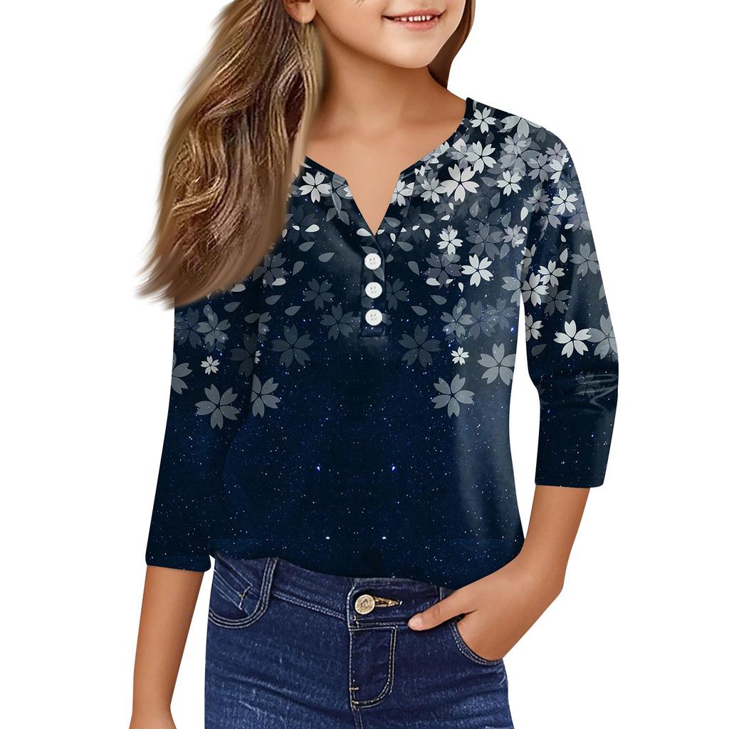 Mädchen Lässige Mode Oberteile Bedrucktes Sieben-Ärmel T-Shirt mit Knöpfen