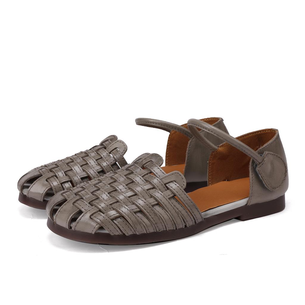Johnature Hand Woven Cowhide Flat Sandals Retro Genuine Leather Round Toe Soft Soled Women's Shoes