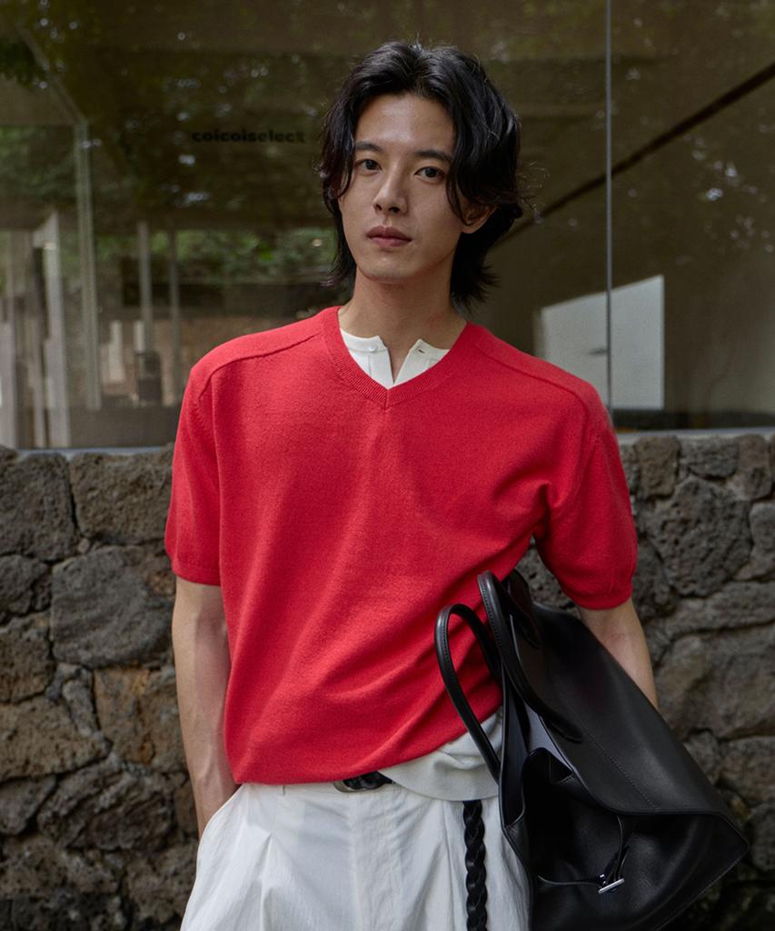 MOOD INSIDE Sheer Cool Saddle V-Neck Knit_Red