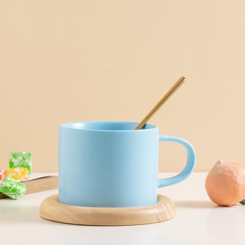 Candy Macaron Ceramic Cup, Water Cup, Coffee Cup With Oak Coaster Spoon.