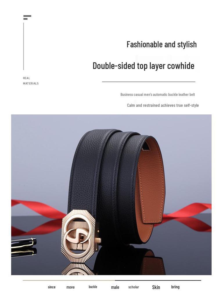 Men's Double-Sided Genuine Leather Belt with Automatic Buckle - Casual, Versatile Waistband