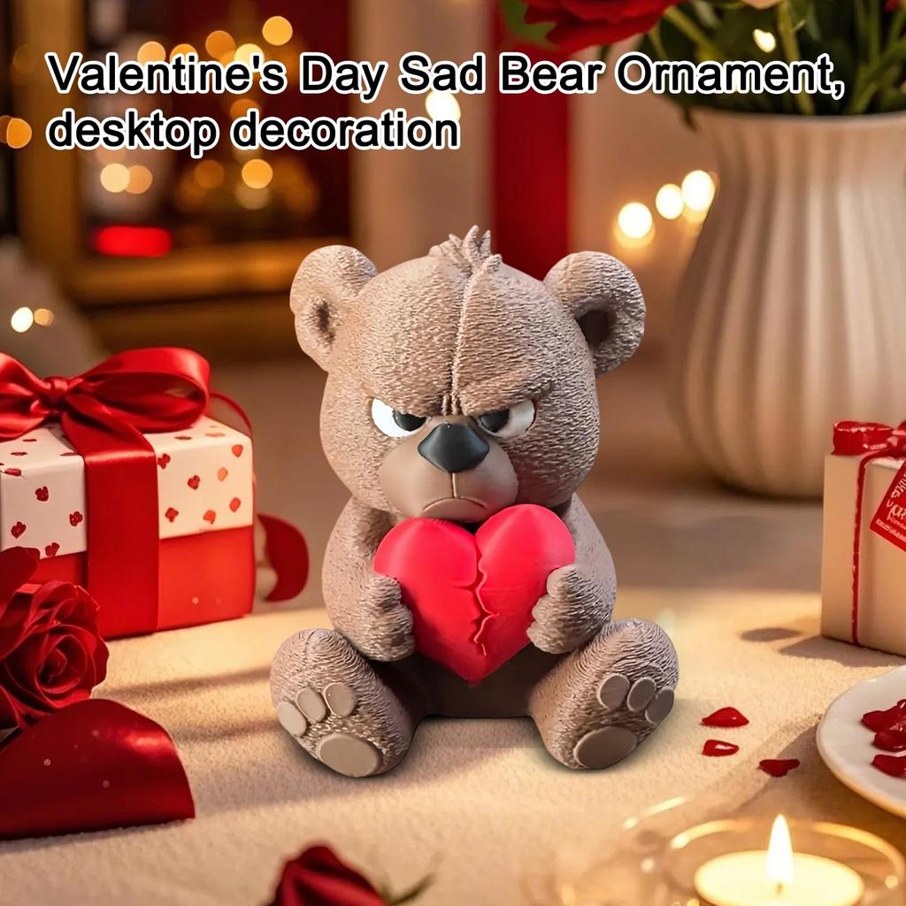 Angry Bear Figurine With Broken Heart,Valentine's Day Decor For Home Tabletop, Unique Gift For Her Him Boyfriend Girlfriend