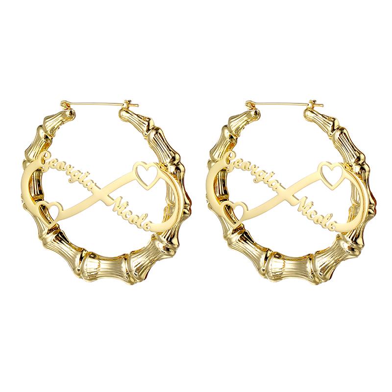 Fashion Bamboo Hoop Earring Custom Stainless Steel Personalized Name Large Stud Earrings Gold Plated Women Statement Earrings