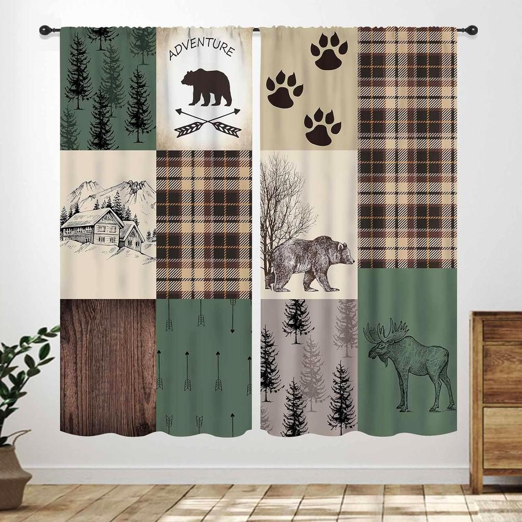 Rustic Deer Curtains,Farmhouse Cabin Lodge Country Forest Hunting Wild Animal Vintage Elk Window Treatments Drapes for Bedroom