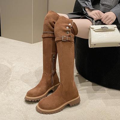 Bottes Mode Femme Au-Dessus du Genou Talon Épais 6cm Hiver Femme Bottes de Neige Garder au Chaud Rétro Deux Façons de Porter Revers Longues Botas Femme