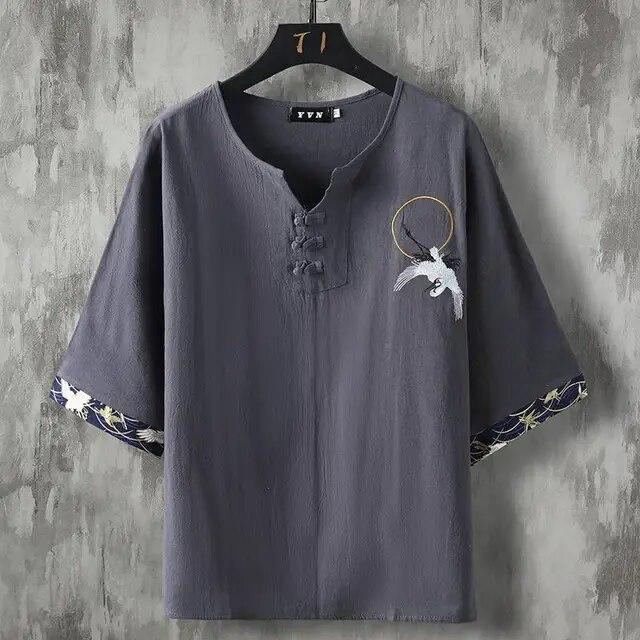 

Мужские рубашки в китайском стиле, мужские топы, костюм Тан, льняной костюм с коротким рукавом, однотонные, традиционные, кунг-фу, Китайский тип, рубашка ханьфу, мужские свободные топы XXXL серый
