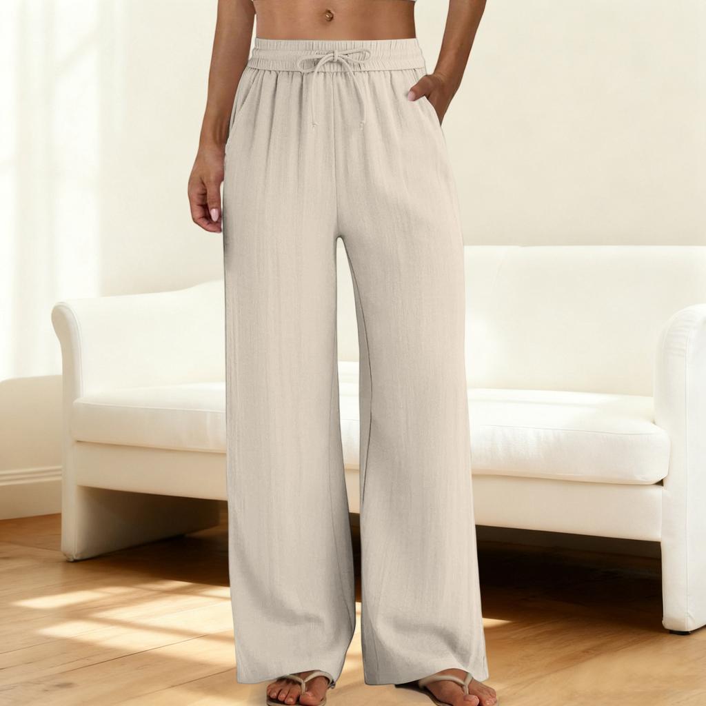 Wide Leg Pants for Women Flowy  Drawstring Elastic Waist Trousers with Pockets Summer Beach Vacation Clothes
