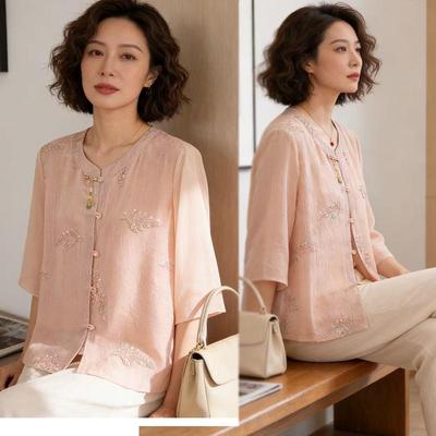 Summer Wear for Middle-Aged and Elderly Mothers: New Chinese Style Embroidered Shirt