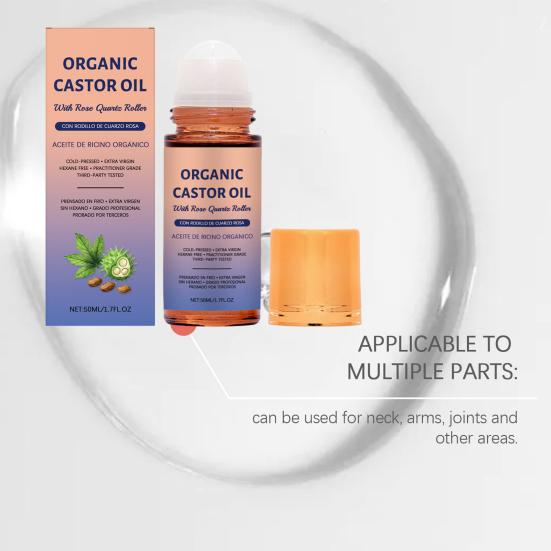 1/2Pcs 50ML Organic Castor Oil with Rose Quartz Roller Travel Nourishing Moisturizing 1.7 Fl Oz Pure Extra Virgin Roll-on Castor Oil