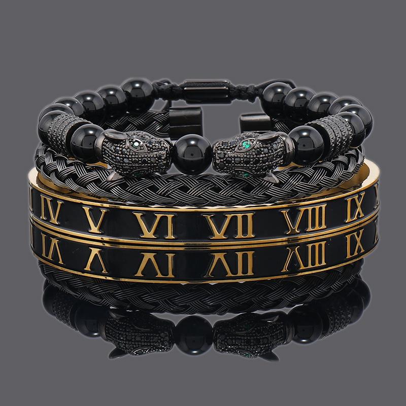 Luxury Black Stone Beads Leopard Head Man Bracelet Enamel Stainless Steel Roman Bangles Women Jewelry 3 pieces make a set