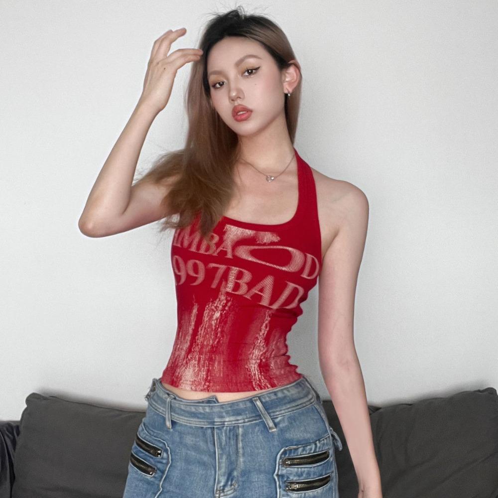 Retro Monogrammed Choker Vest Polyester Hanging Neck High Street Crop Tops Knit Tank Top Open Back Sexy Backless Red Top Women