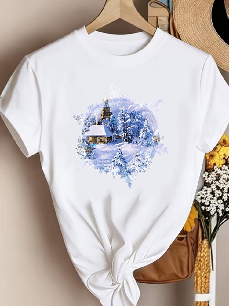 (Asian Size) watercolor winter Christmas Clothing New Year T Shirt Women Fashion Festival Tee Top Print Woman Short Sleeve Graphic T-shirts
