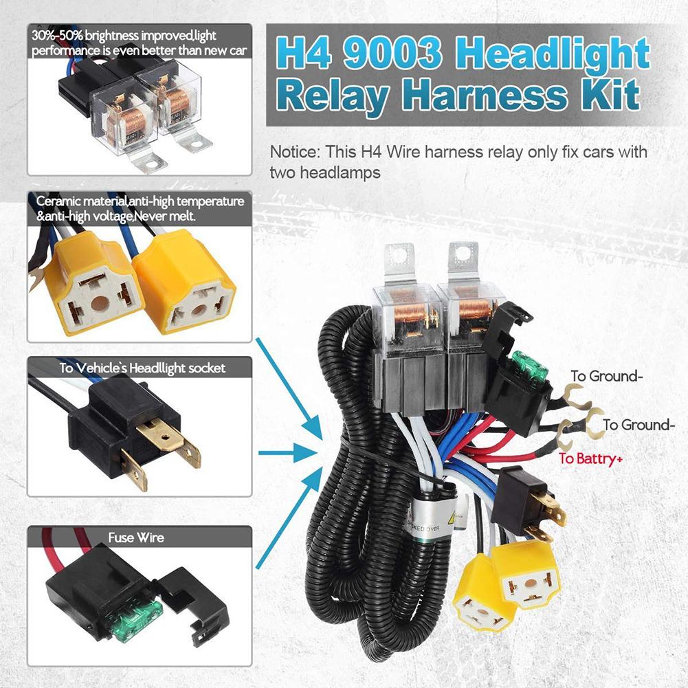 2 Headlight H4 Headlamp Light Bulb Ceramic Socket Plugs Relay Wiring Harness Kit 12V
