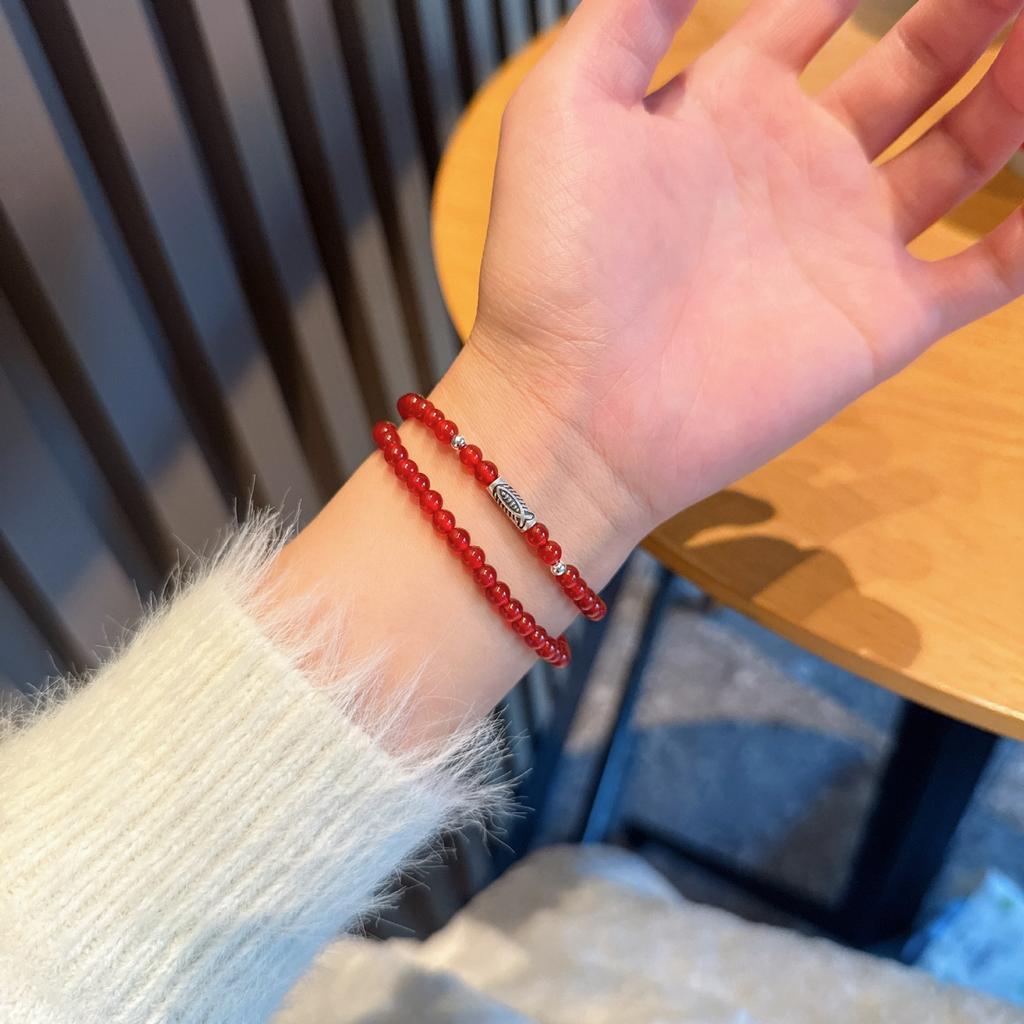 Red Agate bracelet9Pure Silver Chalcedony Crystal Beaded Bracelet, Zodiac New Chinese Style National Style Bracelet