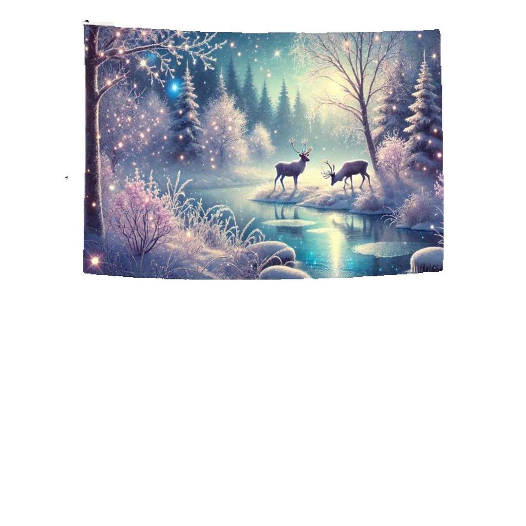 Enchanted Winter Forest Tapestry 2D Printed Starlit Deer Scene Wall Hanging Magical Snowy Landscape Home Decor Living Room