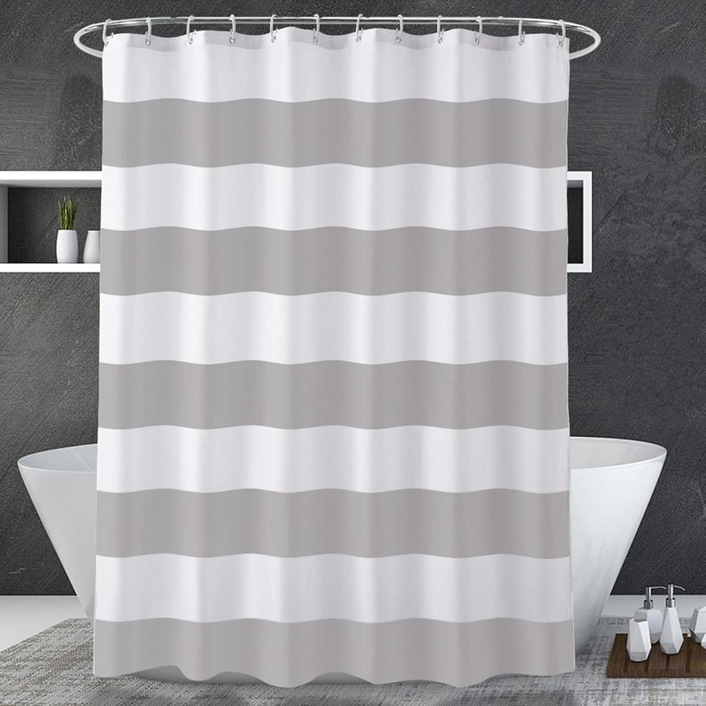 AmazerBath Navy Blue Shower Curtain, 72" W x 72" H Blue and White Stripes, Fabric for Bathroom, with 2 Heavy Stones