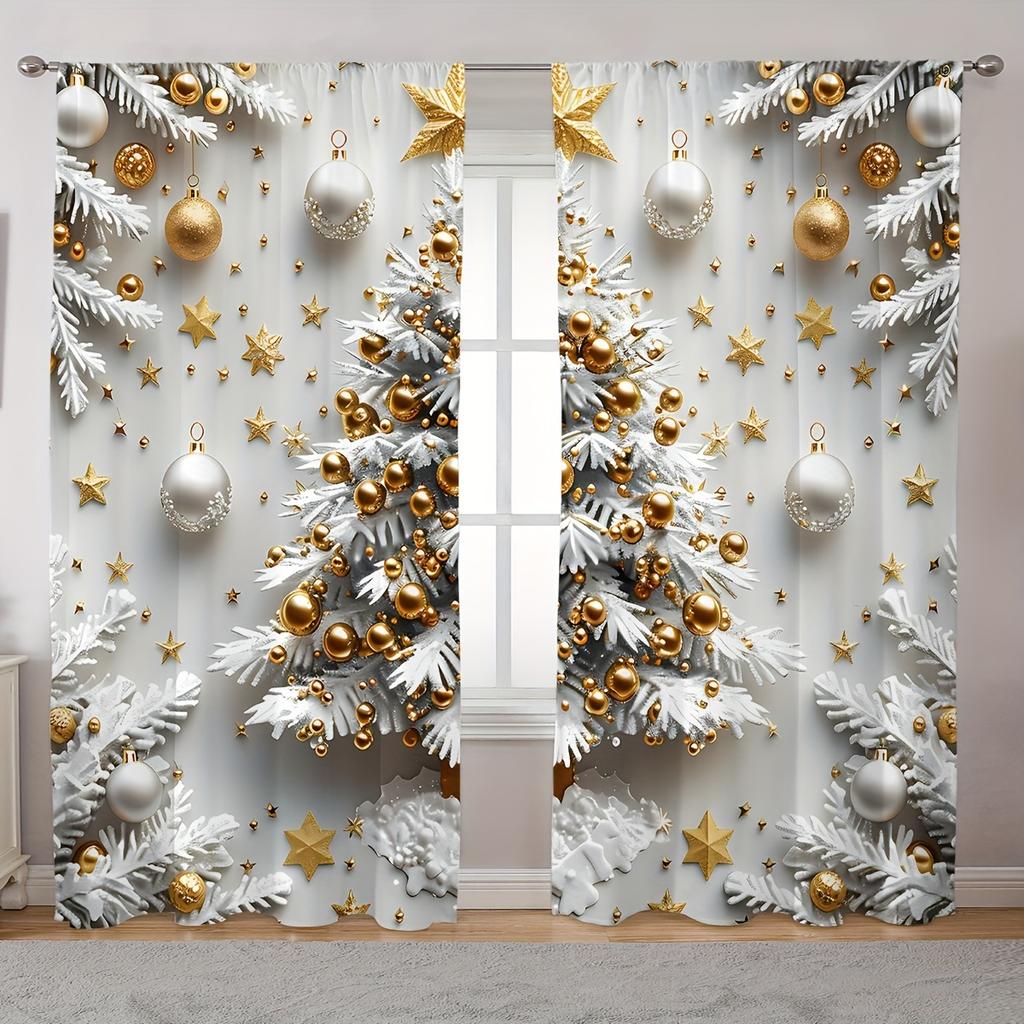 2pcs Elegant White and Golden Christmas Curtains with Snowmen & Trees - Rod Pocket Design Polyester for Living Room Decor
