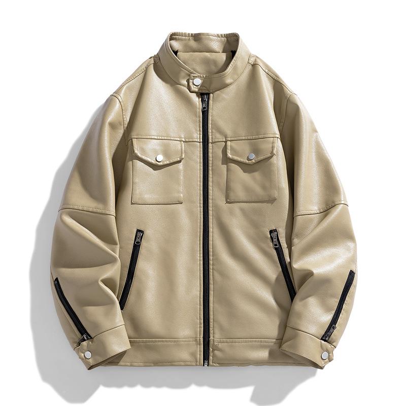 Stand Collar Workwear, Leather Jacket, Men's Autumn and Winter Casual Motorcycle Suit, Leather Jacket