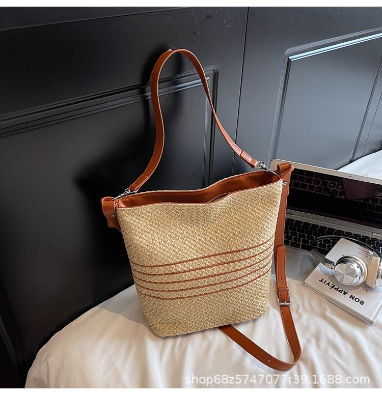 Summer Rainbow Woven Bag Women's 2025 New Large-capacity Straw Woven Bucket Bag Seaside Vacation Shoulder Messenger Bag