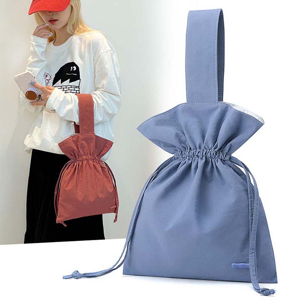Large Capacity Solid Color Handbag Portable Pleated Bucket Bag Nylon Drawstring Bag  Shopping