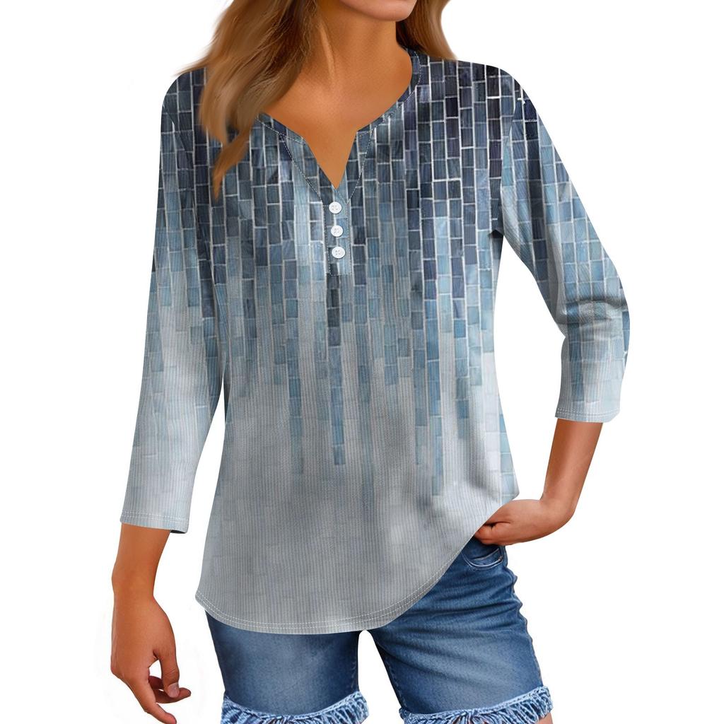 Women's T Shirt Tee Print Button 3/4 Sleeve Tunic Daily Weekend Fashion Basic V- Neck Regular Top