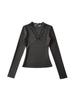 Korean Style Lace Trim V-Neck Slim-Fit Fleece Long Sleeve Women's Top