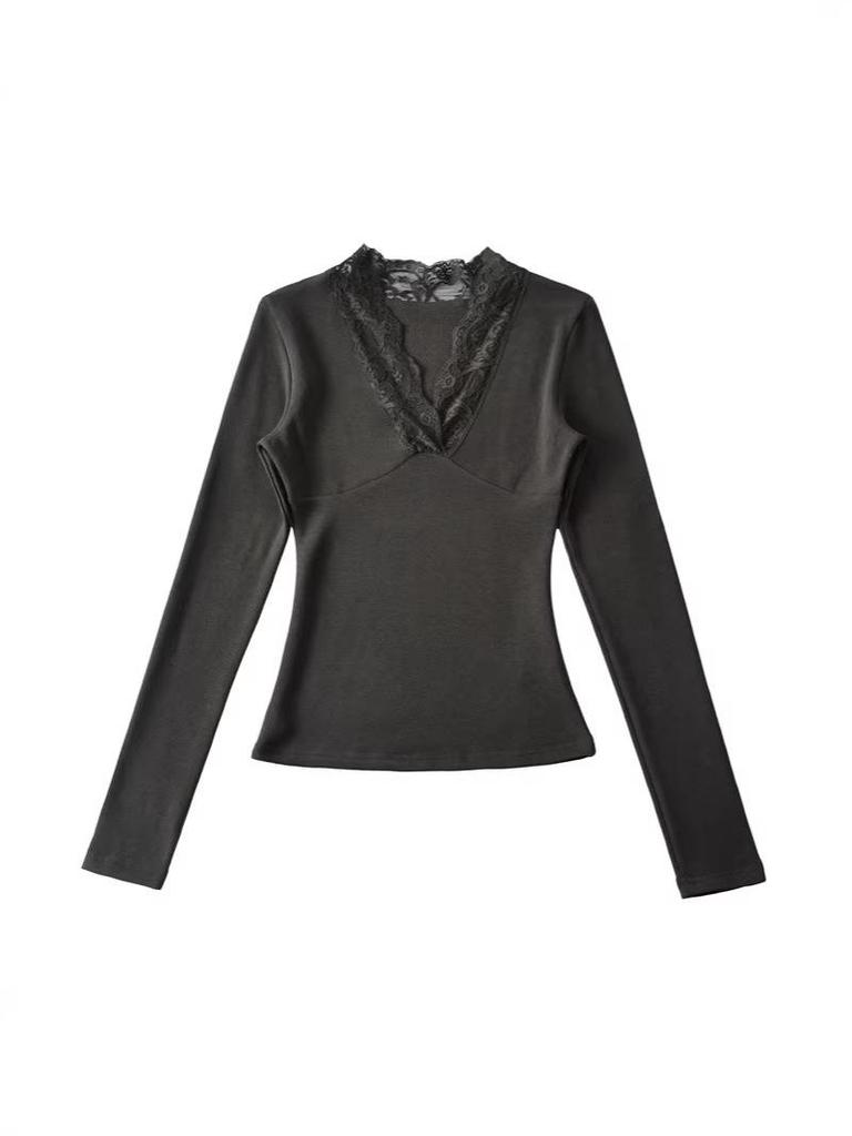 Korean Style Lace Trim V-Neck Slim-Fit Fleece Long Sleeve Women's Top