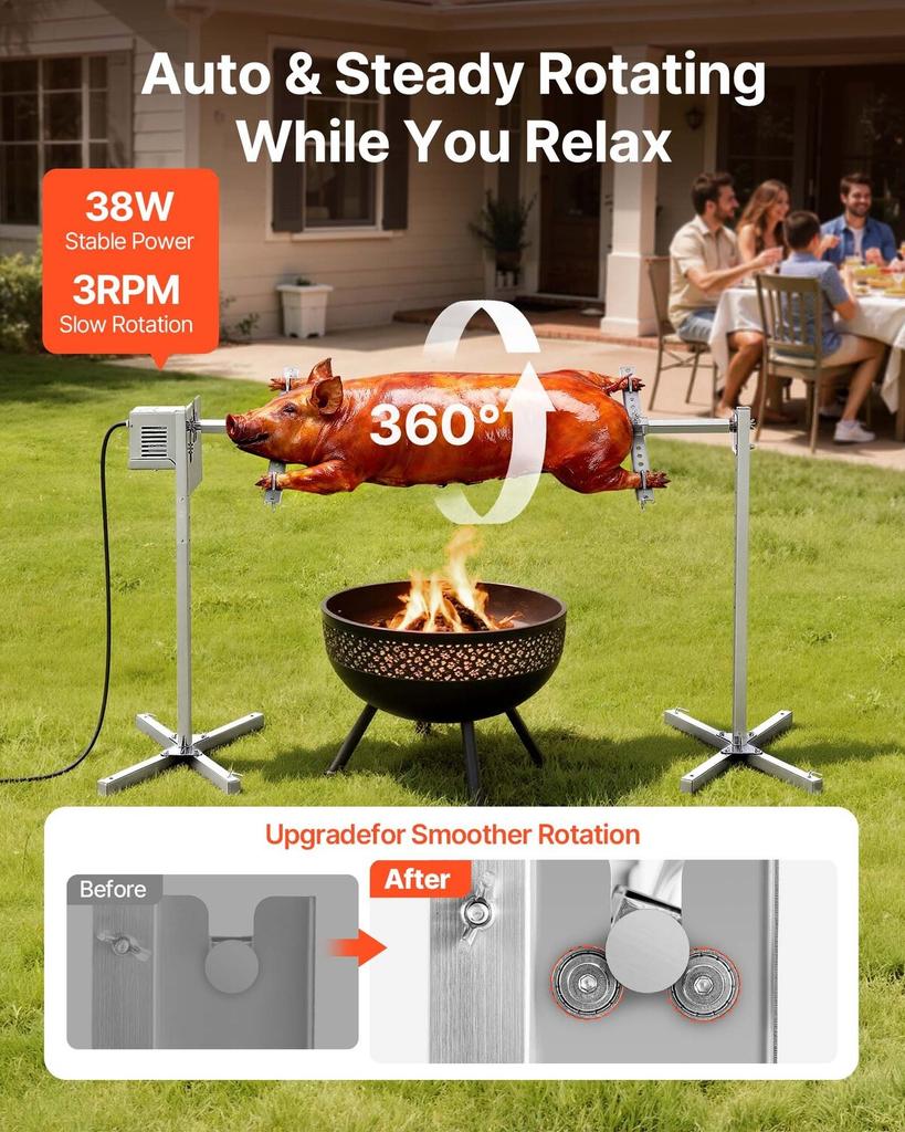 Gril à rôtissoire, AC220-240V Kit de gril à rôtissoire électrique à 8 niveaux de hauteur, Kit de rôtissoires pour grils BBQ avec capacité de charge de 88 lbs, Moteur 38W, Acier inoxydable