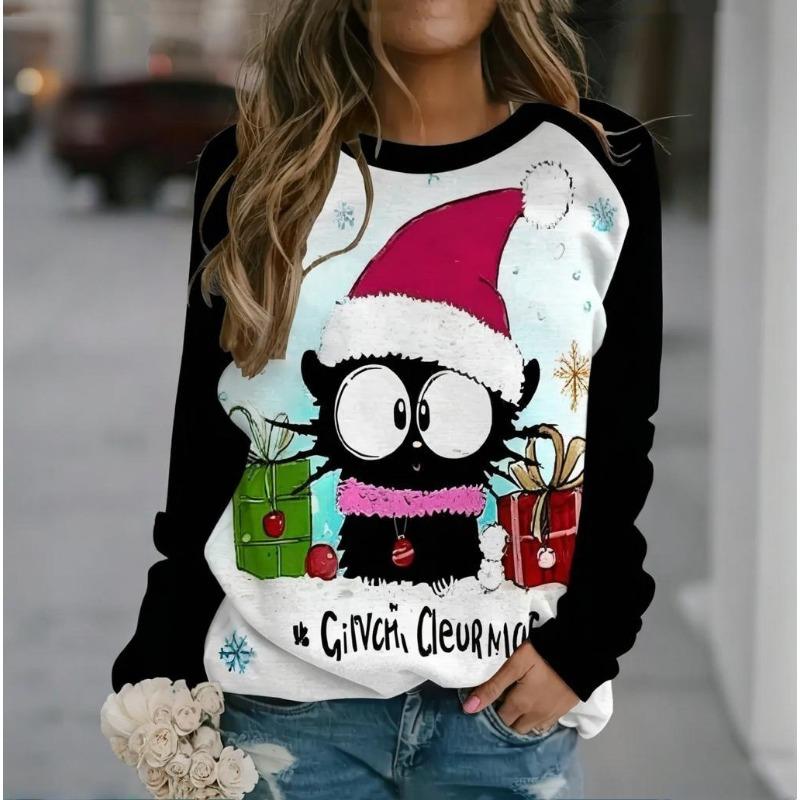 Roztomilý kočičí dámský dlouhý rukáv, podzimní a zimní kulatý výstřih, bavlněné oblečení, kawaii zvířecí tištěné topy 2024, nový módní svetr