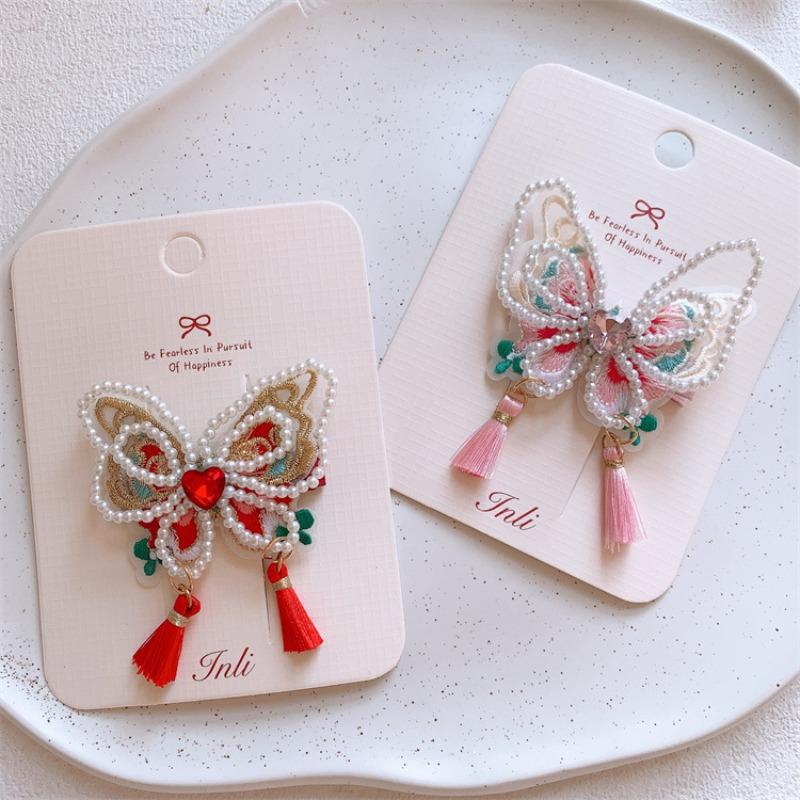 Neujahrs-Rote Perlen-Haarspangen für Kinder - Süße Schmetterling-Quasten-Barretten, Chinesischer Hanfu-Stil, Niedliche Haaraccessoires