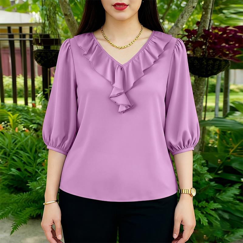 ZANZEA Women Ruffles V-Neck Solid Color Loose 3/4 Sleeve Blouse
