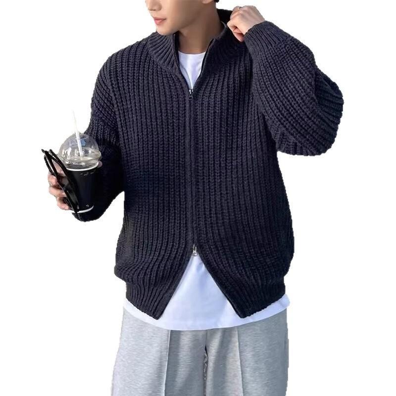 Men Stand Collar Zipper Loose Knit Cardigan Sweater Jacket