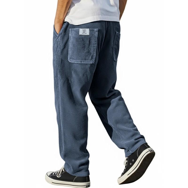 Mens Relaxed Fit Straight Leg Corduroy Pants With Embroidery Detail Casual Trousers 2026