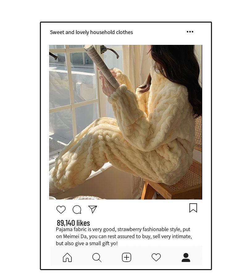 Women's 2024 Milk Yellow Coral Fleece Pajamas with Velvet Lining and Zipper for Fall/Winter Wear.